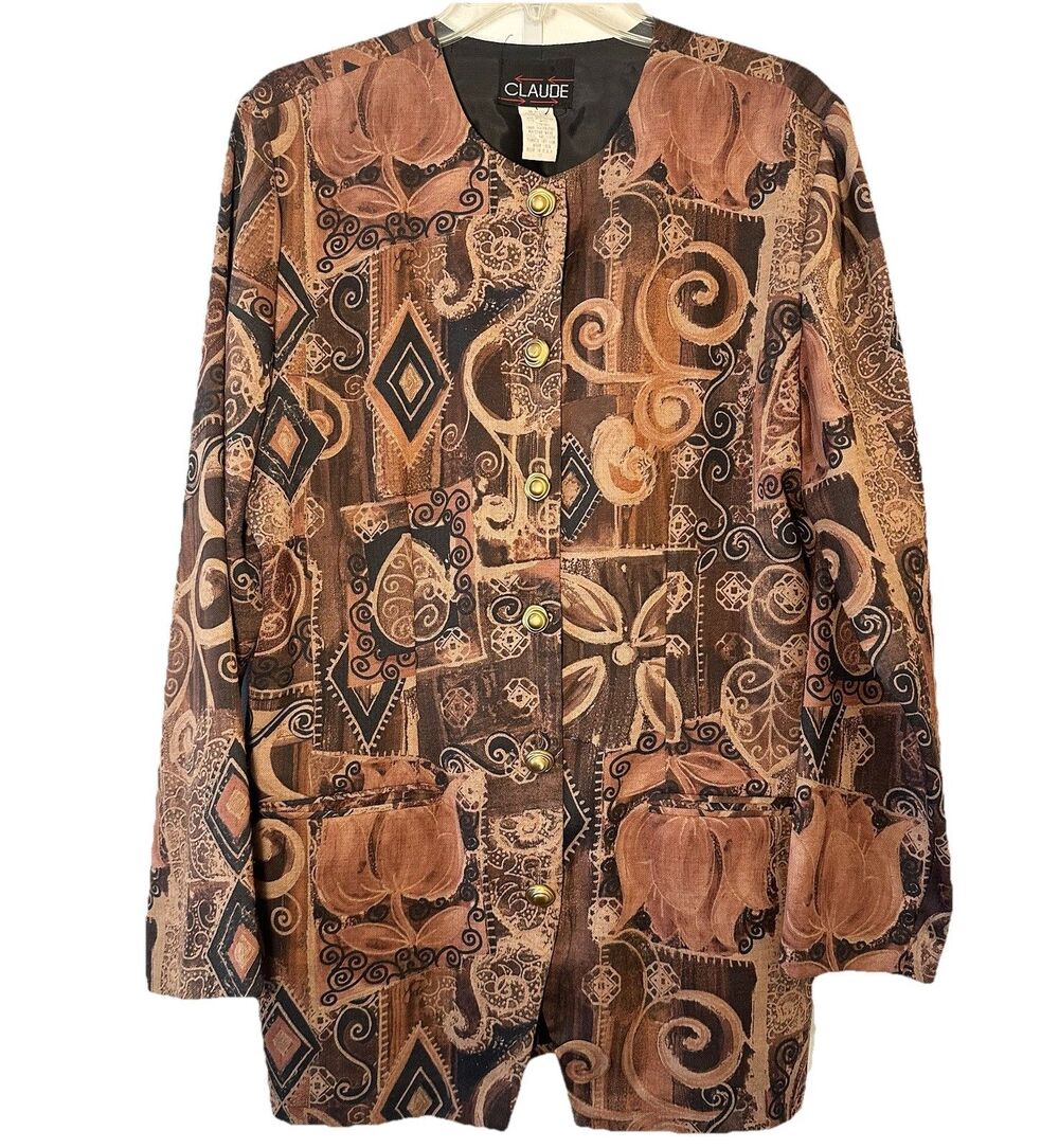 Vintage Claude 90s Abstract Print Blazer Jacket Brown Artsy Women 12